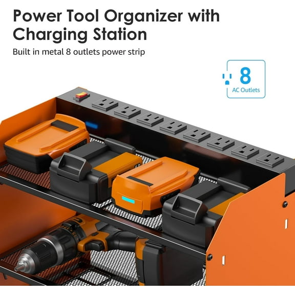 Modular Power Tool Organizer Wall Mount with Charging Station, 8 Outlet Power Strip, Heavy Duty Storage Shelf