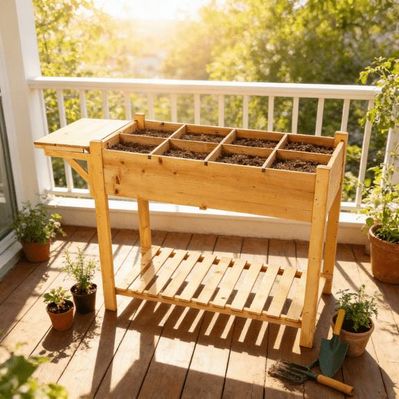 Modular Raised Garden Bed with 8 Grow Grids Elevated Wood Planter Box Stand Foldable Side Table & Storage Shelf for Vegetables Herbs Flowers Patio Balcony Urban Gardening Beginner Kit