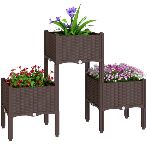 Modular Raised Garden Bed with Legs, Self Watering Elevated Planter Boxes with Drainage Holes, Brown PP Rattan Style, 44.5" x 15.7" x 32.3", for Patio, Balcony and Small Gardens