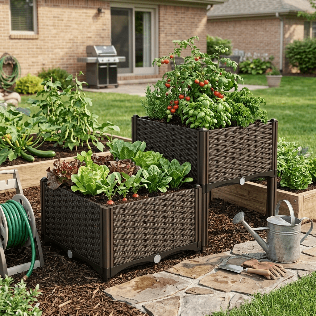 Modular Raised Garden Bed with Legs,Self-Watering Rattan Planter Box for Vegetables,Herbs & Flowers,Tiered Elevated Grow Box for Outdoor,Patio,Balcony,Brown