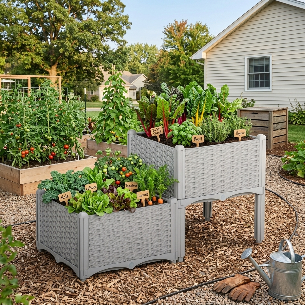 Modular Raised Garden Bed with Legs,Self-Watering Rattan Planter Box for Vegetables,Herbs & Flowers,Tiered Elevated Grow Box for Outdoor,Patio,Balcony,Gray