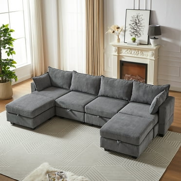 Modular Sectiona Corduroy Sofa, Sectional Couches for Living Room U Shaped Sectional Couch with Storage Ottoman, 6 Seats Convertible Sectionals with Chaise, Dark Gray