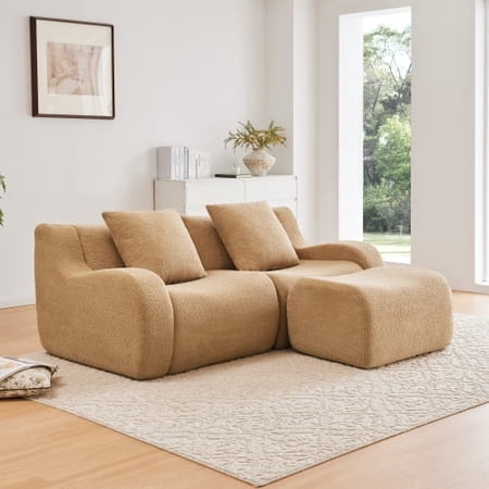 Modular Sectional Boneless Couches for Living Room, 82.7" 2 Seater Teddy Cloud Couch with Ottoman, No Assembly Compression Sofas, Comfy Floor Sofa with 32D Sponge, Camel