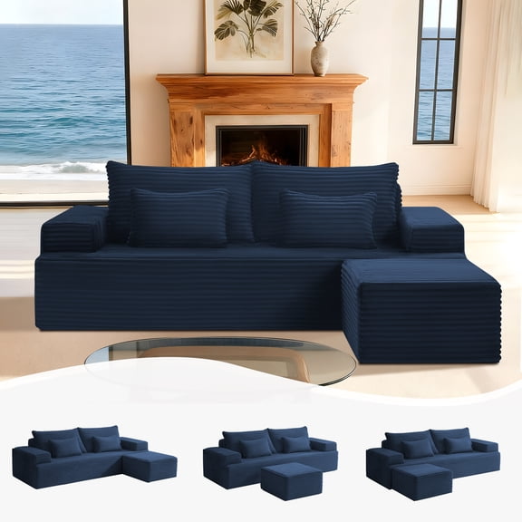 Modular Sectional Cloud Couch with Movable Ottoman Chaise Longue, L Shaped Sectional Couches for Living Room, Corduroy Deep Seat Boneless Sofa, No Assembly Required, Navy Blue