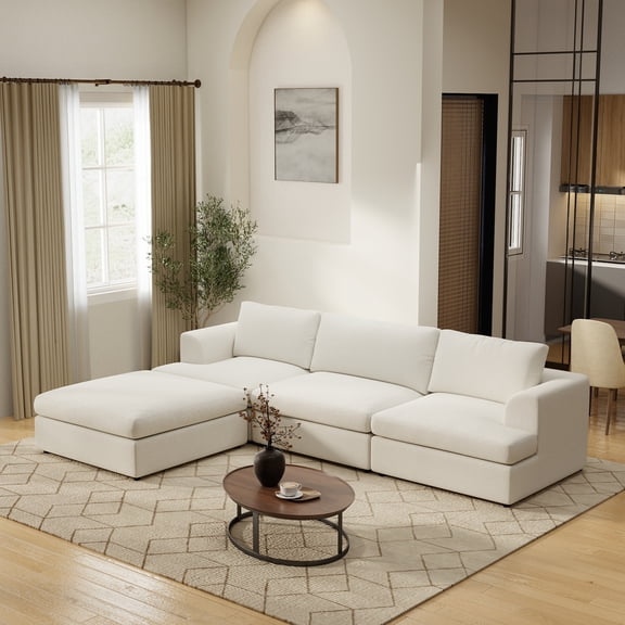 Modular Sectional Couch,118" L-Shaped Comfy Sectional Couches for Living Room,4-Seater Cloud Couches with Ottoman,White