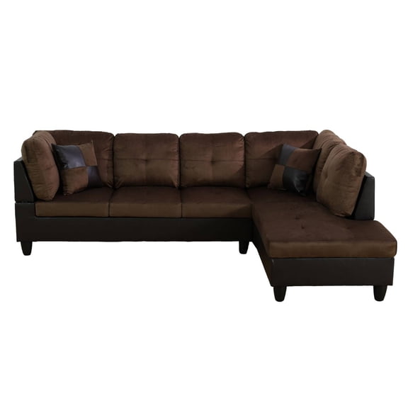 Modular Sectional Couch 3 Pieces Sofa Set with Chaise Flannel PVC L Shaped Cloud Couch for Living Room, Dark Brown