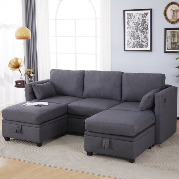 Modular Sectional Couch Reversible Ottoman , Convertible Sectional Sofa with Chaise & USB for small space, Modern U Shaped 5 Seat Couch with Storage Ottoman for Living Room,Apartment
