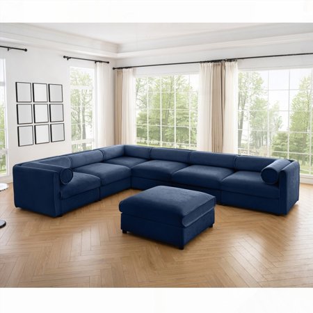 Modular Sectional Couch for Living Room - Features Cylindrical Backrest & Armrests, 6 Seats, Blue Chenille with Storage