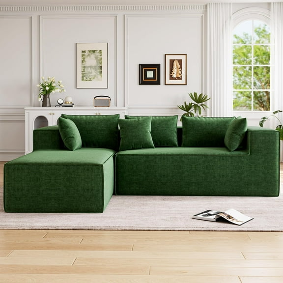 Modular Sectional Couches for Living Room, Modern Polyester Upholstered  L Shaped Couch with Pillows, High Density Foam Corner Sofa for Bedroom, No Assembly Required, Green