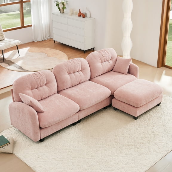Modular Sectional L Shaped Couch With Ottoman,Premium Chenille Fabric,Quilted Pleated Design,Ergonomic Design Easy Install,Fits Bedrooms,Living Rooms Reading Nooks,Pink