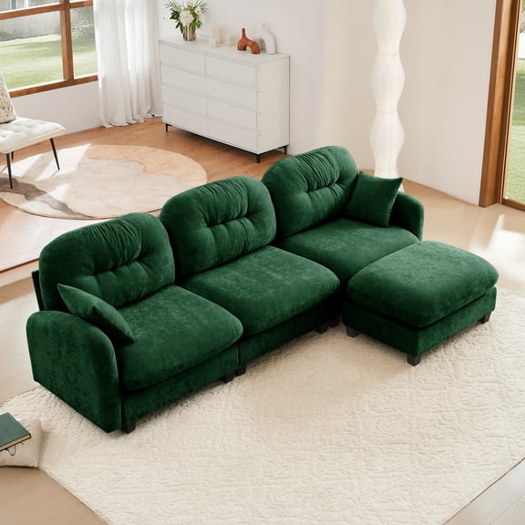 Modular Sectional L Shaped Couch With Ottoman,Premium Chenille Fabric,Quilted Pleated Design,Ergonomic Design Easy Install,Fits Bedrooms,Living Rooms Reading Nooks,Green