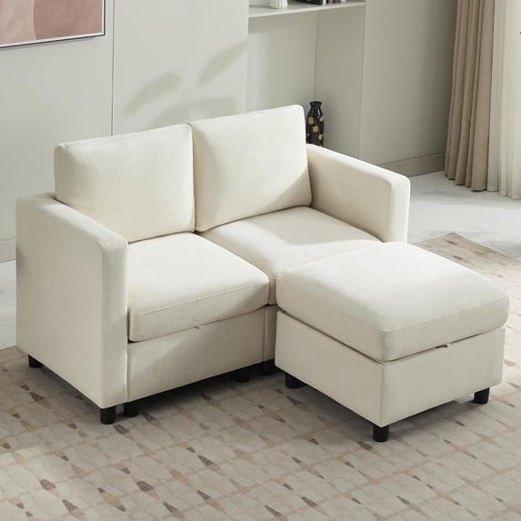 Modular Sectional Loveseat Sofa with Storage, Comfy Office L Shaped Sofa Couch, Chenille Love Seat Modular Sectional Couch with Movable Ottoman for Living Room, Bedroom, Beige
