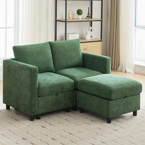 Modular Sectional Loveseat Sofa with Storage, Comfy Office L Shaped Sofa Couch, Chenille Love Seat Modular Sectional Couch with Movable Ottoman for Living Room, Bedroom,Dark Green