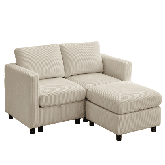 Modular Sectional Loveseat Sofa with Storage, Comfy Office L Shaped Sofa Couch, Corduroy Love Seat Modular Sectional Couch with Movable Ottoman for Living Room, Bedroom,Beige