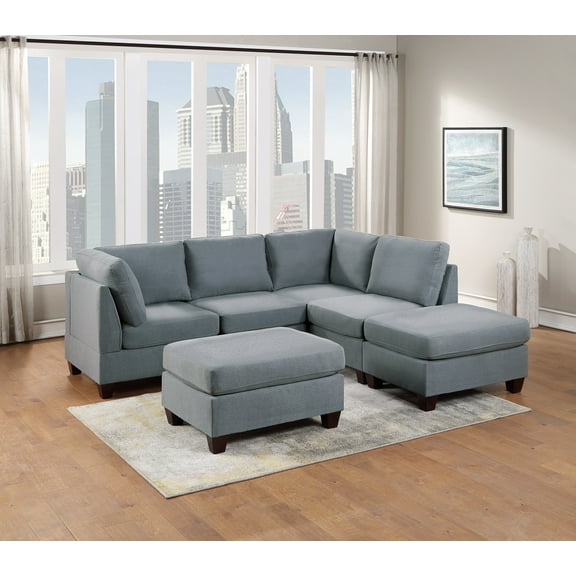 Modular Sectional Modern Gray Linen Like Fabric Clean Sectional 6pcs Set Living Room Furniture set Corner Wedge Ottoman
