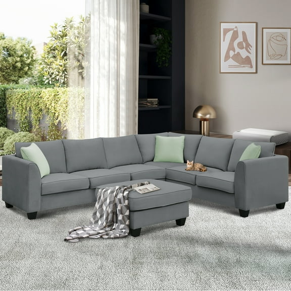 Modular Sectional Sectional Sofa, Convertible L Shaped Sofa with Storage, 7-seater Polyester Segmented Sofa Set Suitable for Living Rooms, Apartments, and Offices, Grey