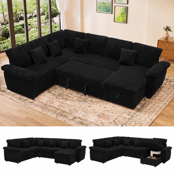 Modular Sectional Sleeper Sofa, 104-Inch 7-Seat Corduroy U-Shaped Couch with Pull Out Bed and Storage Chaise, Black for Living Room