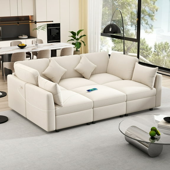 Modular Sectional Sleeper Sofa Bed, Convertible L-Shaped Couch with Charging Station and Movable Ottoman, 5 Seat Chenille Cloud Couch, Beige