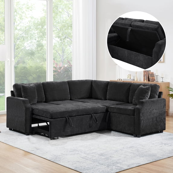 Modular Sectional Sleeper Sofa with Pull Out Bed, 82" Convertible L-Shaped Couch with Storage Seat, 5 Seat Chenille Cloud Couch for Living Room, Black