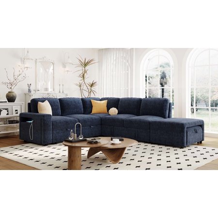 Modular Sectional Sleeper Sofa with Pull Out Bed,Chaise and Storage Ottoman,6 Seater L Shaped Sectional Couch with Storage Space,USB Ports and Cup Holders on the Armrests for Living Room,Blue Couch