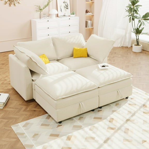 Modular Sectional Sleeper Sofa with Storage,  6 Seat Chenille Sofa Couch with Sturdy Wooden Frame & Pillows, 4 Piece Sectional Sofa for Living Room Small Spaces, Easy Assembly, Beige