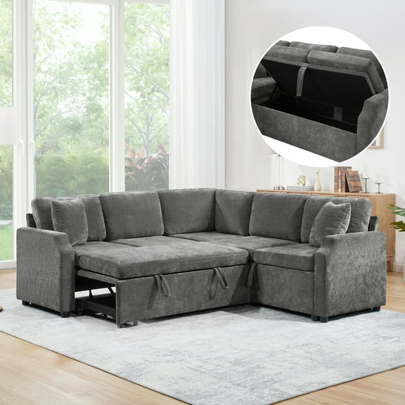 Modular Sectional Sleeper Sofa with Pull Out Bed, 82" Convertible L-Shaped Couch with Storage Seat, 5 Seat Chenille Cloud Couch for Living Room, Gray