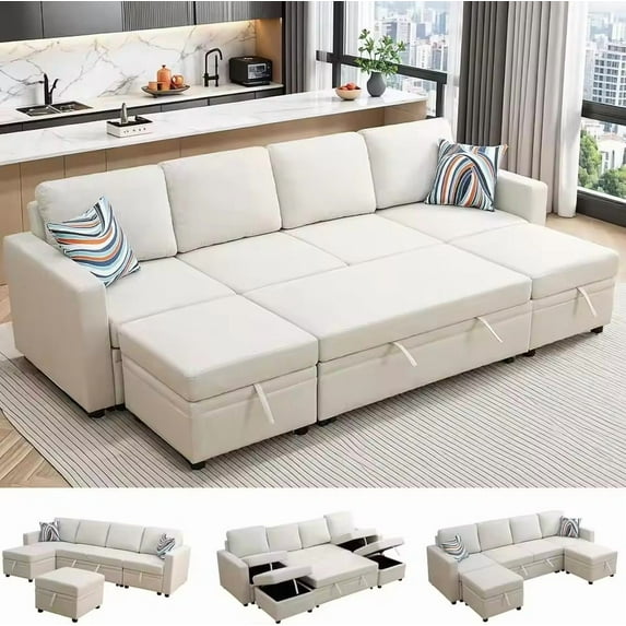 Modular Sectional Sleeper Sofa with Pull Out Bed, Chenille L Shaped Couch with Storage Seats, Convertible Sectional Couches