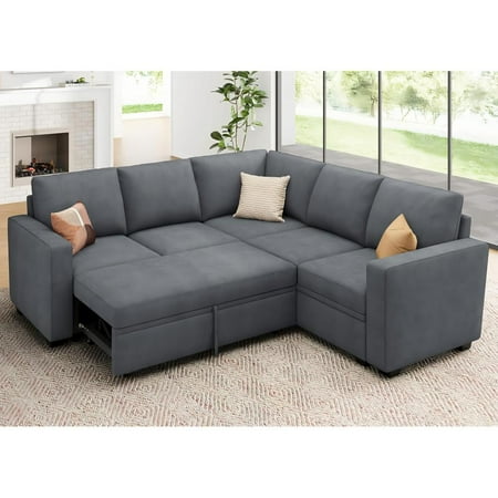 Modular Sectional Sleeper Sofa with Pull Out Bed, Chenille L Shaped Couch with Storage Seats, Convertible Sectional Couches