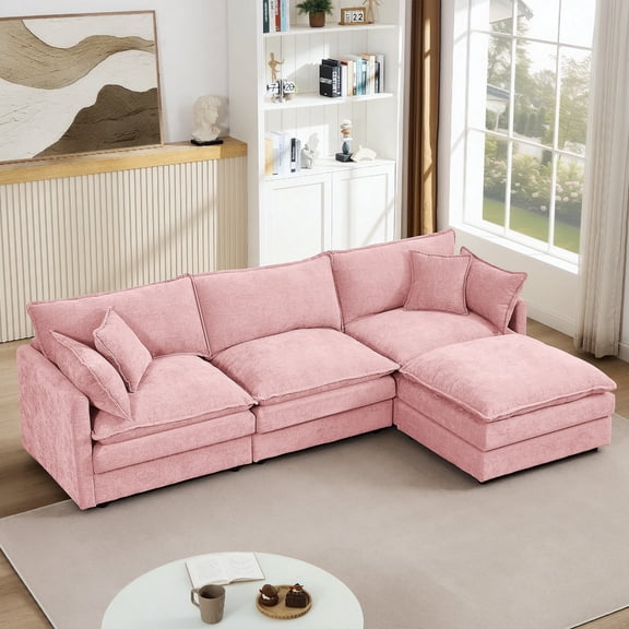 Modular Sectional Sofa, 102 Inch L-Shaped 3-Seater Cloud Couch with Movable Ottoman, DIY Reconfigurable Chenille Sofa Set, Comfy Pink Couch for Living Room