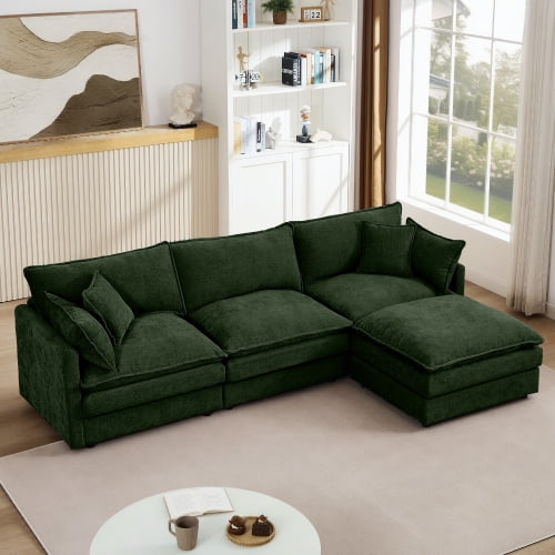 Modular Sectional Sofa, 102 Inch L Shaped Couch Set for Living Room, 3-Seater Comfy Cloud Couches with Movable Ottoman, DIY Combination, Chenille, Green