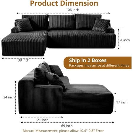 Modular Sectional Sofa, 106” Cloud Sectional Couch with L-Shape Chaise/Deep Seat/Armrest/Plush Corduroy Fabric