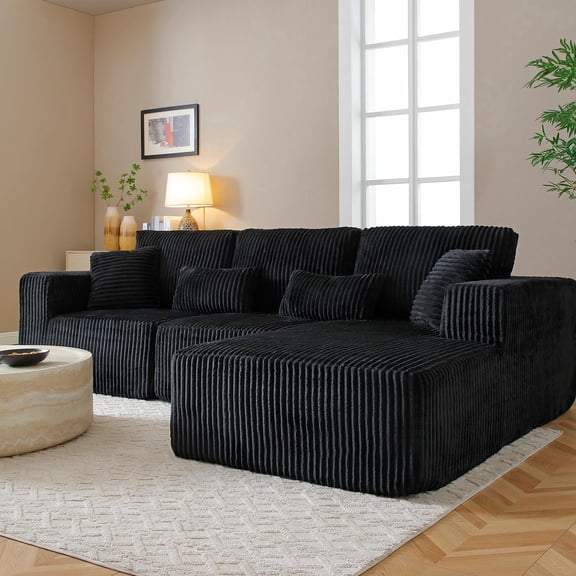 108" L Shaped Modular Sectional Boneless Couches Sofa, Cloud Comfy Deep Seat Corduroy Couch with Chaise, No Assembly Required, Black Right Facing