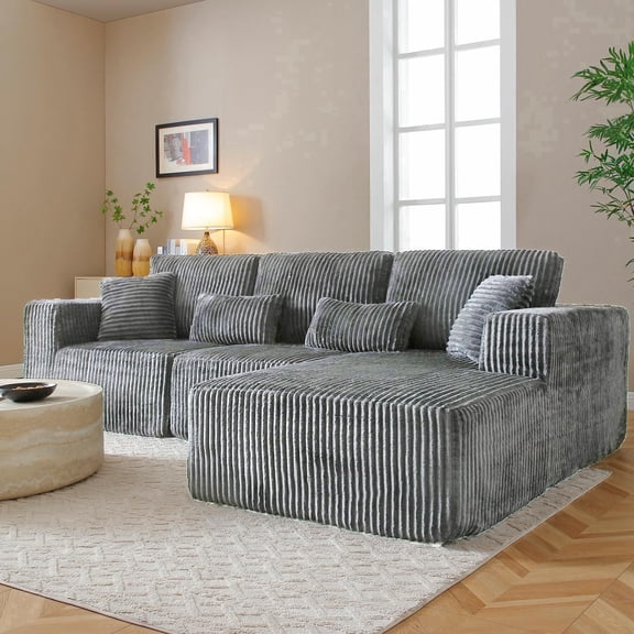 108" L Shaped Modular Sectional Boneless Couches Sofa, Cloud Comfy Deep Seat Corduroy Couch with Chaise, No Assembly Required, Dark Grey Right Facing