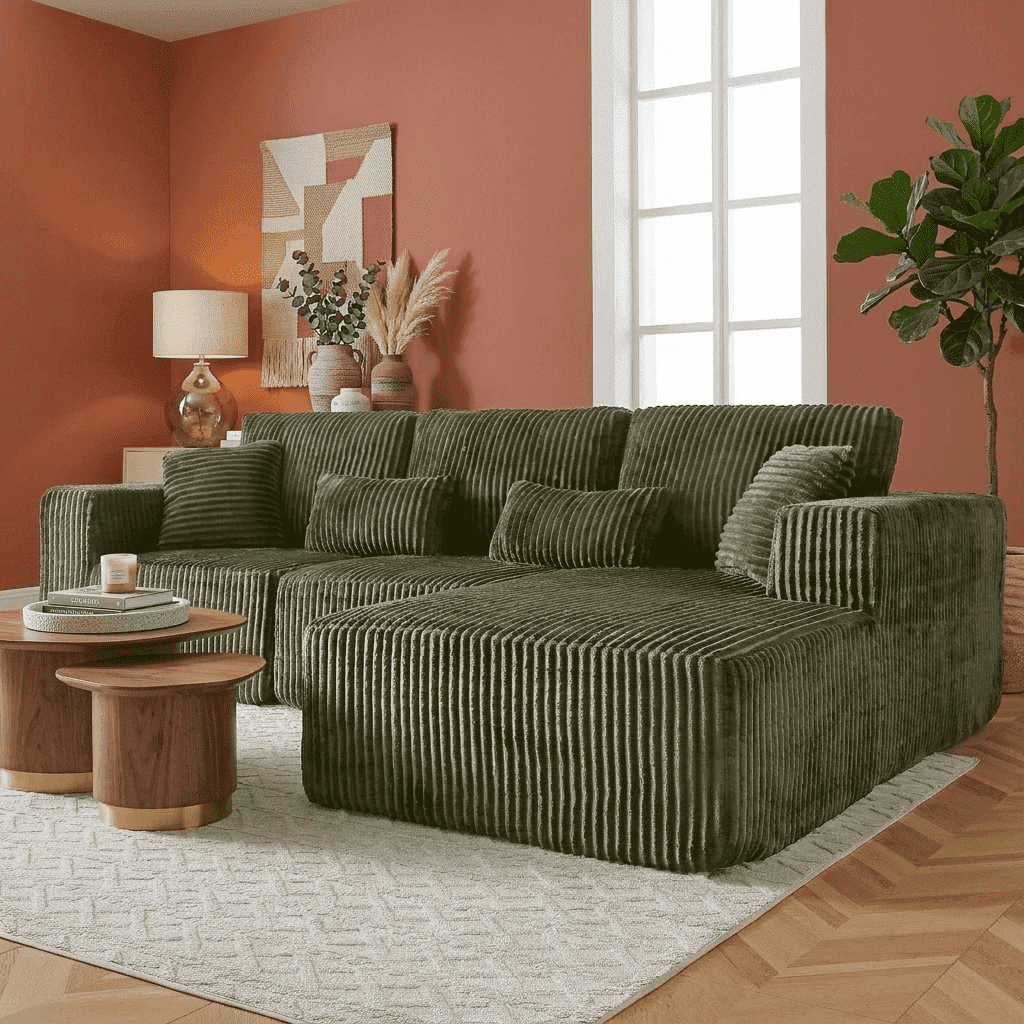 108" L Shaped Modular Sectional Boneless Couches Sofa, Cloud Comfy Deep Seat Corduroy Couch with Chaise, No Assembly Required, Olive Green Left Facing