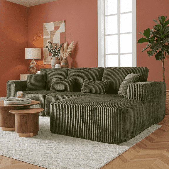 108" L Shaped Modular Sectional Boneless Couches Sofa, Cloud Comfy Deep Seat Corduroy Couch with Chaise, No Assembly Required, Olive Green Left Facing