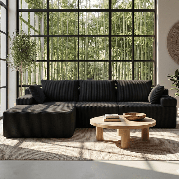 Modular Sectional Sofa, 108'' boneless couch sectional with L-Shape Chaise & Deep Seat, Corduroy Upholstered Sofa Couch for Living Room, No Assembly Required, Black