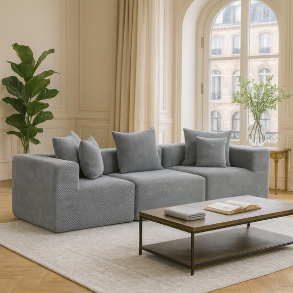 Modular Sectional Sofa, 111" Deep-Seat Comfy Sectional Couches for Living Room, 3-Seater Couches with 5 Pillows, Tool-Free Assembly (Gray)