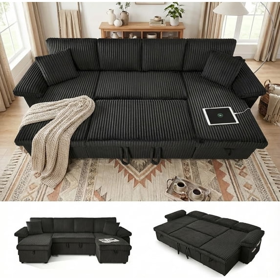 TiramisuBest 117'' Modular Sectional Sofa, Convertible Sleeper Sofa Bed with Pull Out Couch, Corduroy U Shaped Sectional Couches with Storage Chaise for Living Room Bedroom (Dark Grey)
