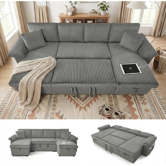 TiramisuBest 117'' Modular Sectional Sofa, Convertible Sleeper Sofa Bed with Pull Out Couch, Corduroy U Shaped Sectional Couches with Storage Chaise for Living Room Bedroom (Light Grey)