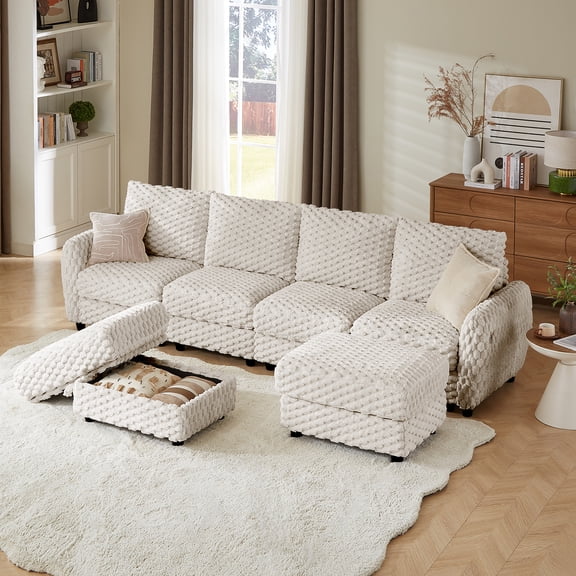 Modular Sectional Sofa 122“U-Shape Couch with Deep Seat Sectional Couches for Living Room,W/Upgraded Fabric with Storage-able Ottoman and USB Charging Port(Light gray,4 seats&2 ottomans)