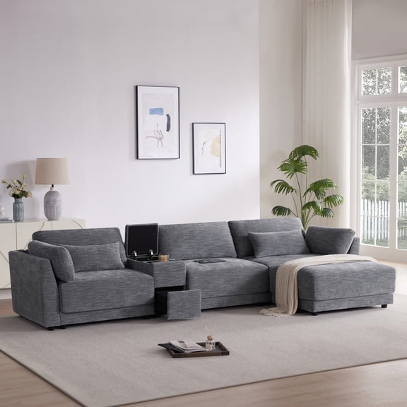 Modular Sectional Sofa 124" L-Shaped Modern Comfy Cloud Couch, 4-Seat Chenille Deep Seat Sofa with Multi-Functional Storage Console & Movable Ottoman for Living Room, Bedroom and Apartment, Gray