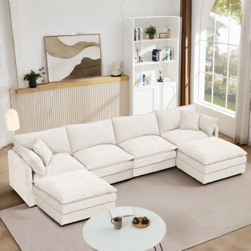 GUYGU 130.7" Modular Sectional Sofa with Movable Ottoman,U Shaped Couch Set for Living Room,6-Seat,Beige
