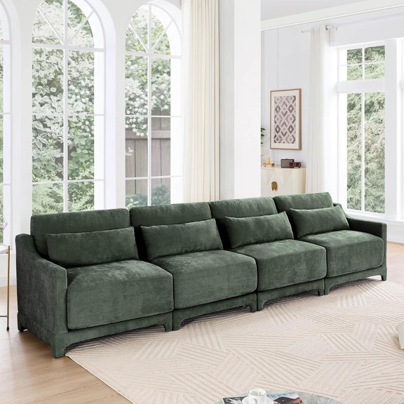 Modular Sectional Sofa 141.7'' 4-Seater Couch, High Density Foam & Ergonomic Support, Easy Assembly, Stain-Resistant,Chenille Fabric,Cloud Couch for Family Sectional,Living Room - Green