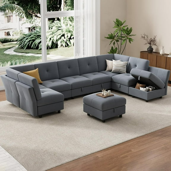 Modular Sectional Sofa, 143.8 Inch Sectionals Couch L Shaped Sofa with Storage Ottoman, 9 Seat Comfy Sectionals Couches, Velvet Couch with Upholstered for Living Room, Apartment, Blue