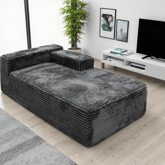 Modular Sectional Sofa, 2 Seat Reversible Chaise Lounge Couch with Plush Corduroy Fabric and High Resilience Foam Filler, Grey Cloud Couch for Living Room, Apartment and Bedroom