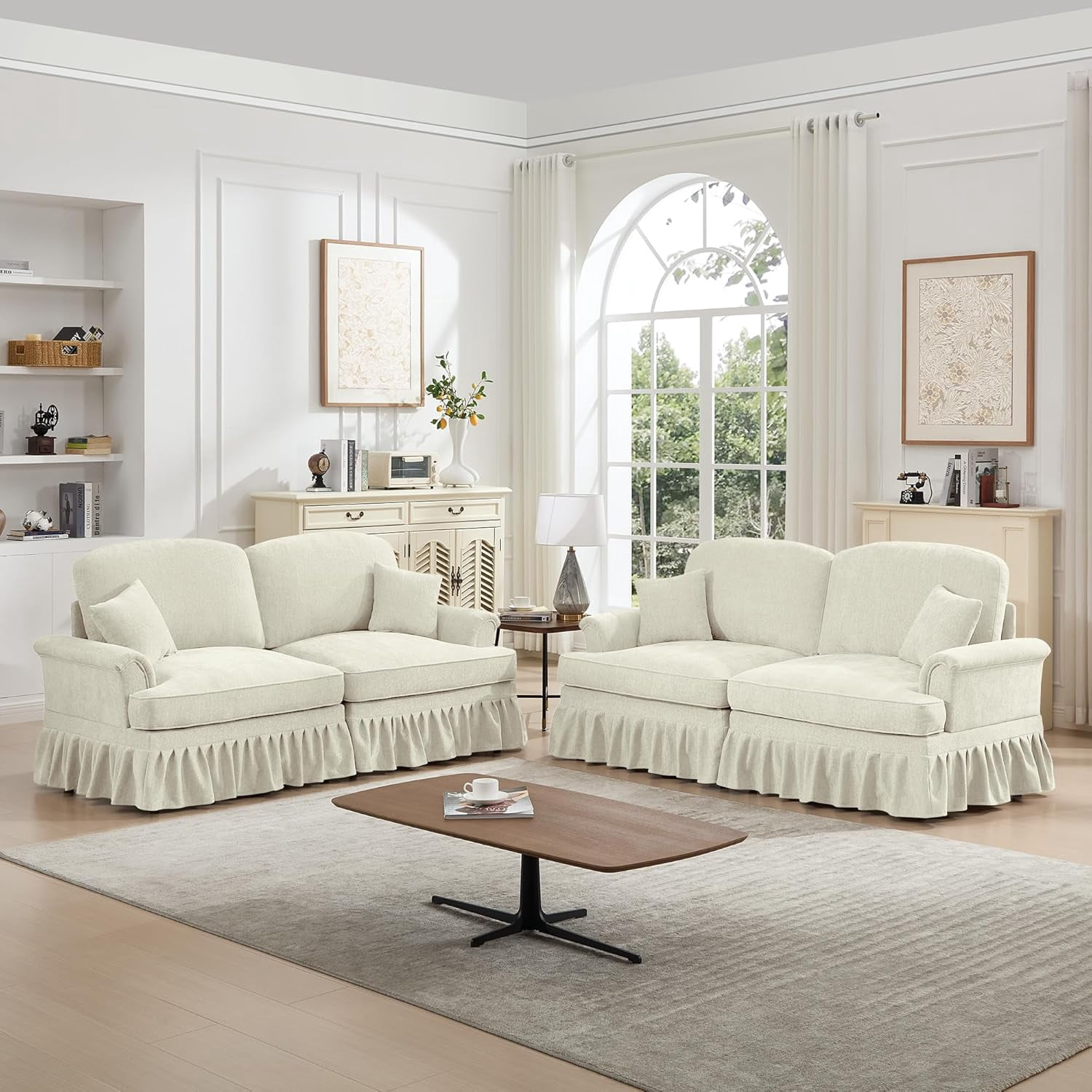 2 Piece Modern Sectional Sofa, Upholstered Silver Chenille Love Sea with Removable Ruffles Pleats Skirts, Living Room Furniture Set, Flared Arms, Deep Couches for Living Room, Bedroom, Beige