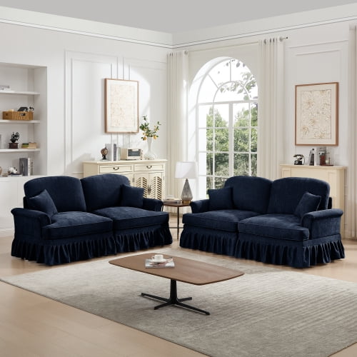 Modular Sectional Sofa, 2 Seat Sofa Sets with Removable Ruffles Pleats Skirts, 2 Piece Modular Deep Seat Sofa for Living Room, Blue
