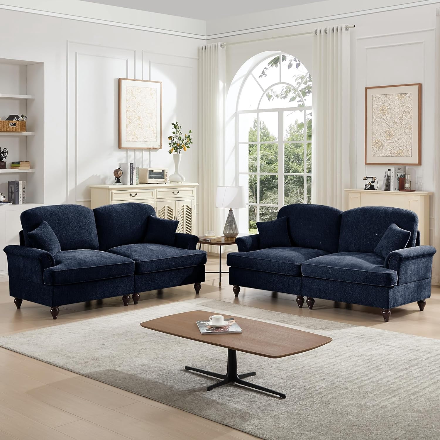 2 Piece Modern Sectional Sofa, Upholstered Silver Chenille Love Sea with Removable Ruffles Pleats Skirts, Living Room Furniture Set, Flared Arms, Deep Couches for Living Room, Bedroom, Blue