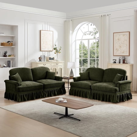 Modular Sectional Sofa, 2 Seat Sofa Sets with Removable Ruffles Pleats Skirts, 2 Piece Modular Deep Seat Sofa for Living Room, Green