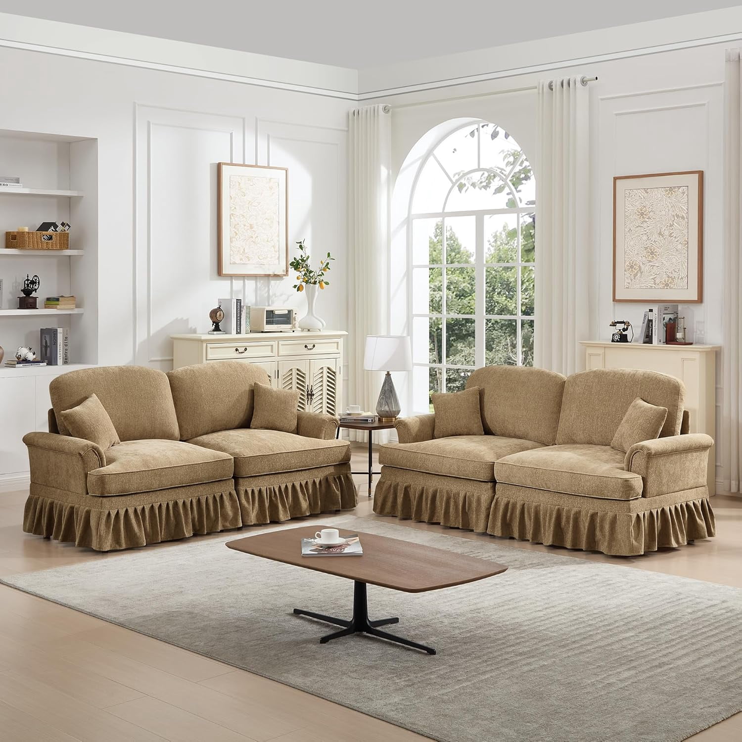 Modular Sectional Sofa, 2 Seat Sofa Sets with Removable Ruffles Pleats Skirts, 2 Piece Modular Deep Seat Sofa for Living Room, Light Coffee